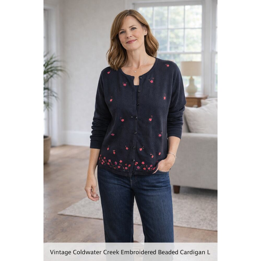 Vintage Coldwater Creek Embroidered Beaded Cardigan L Floral Heritage Knit